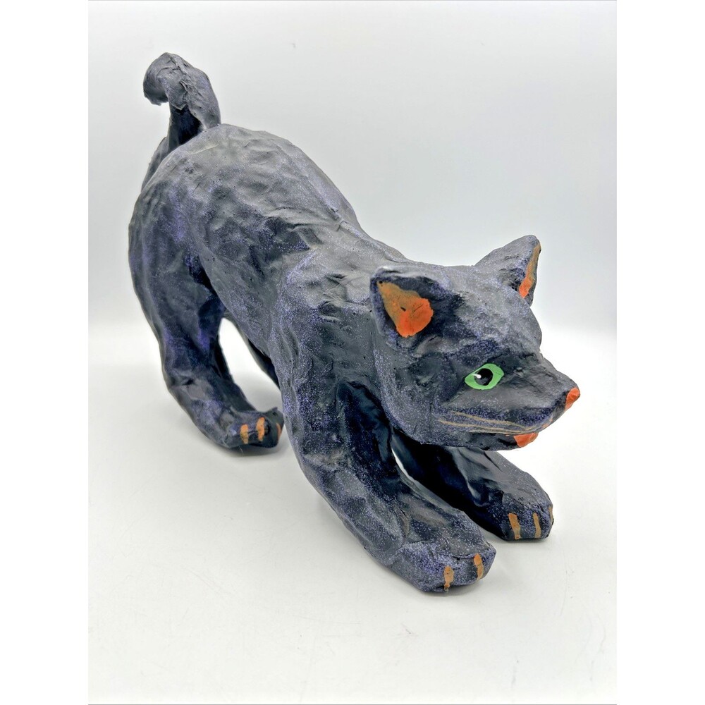 VTG Halloween Outsider Art Black Cat Paper Mache Sculpture Green Eyes Stretching
